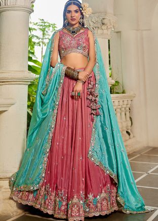 Dusty Pink Satin Lehenga Choli In Thread Work