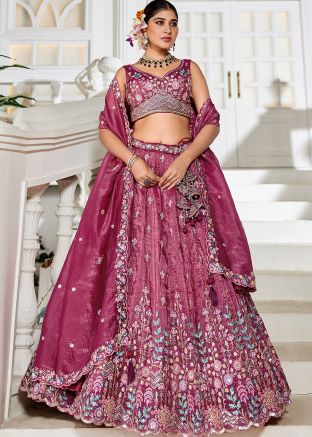 Magenta Tissue Lehenga Choli In Thread Embroidery