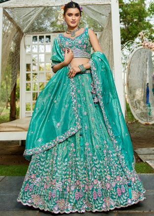Sea Green Embroidered Tissue Lehenga Choli Set