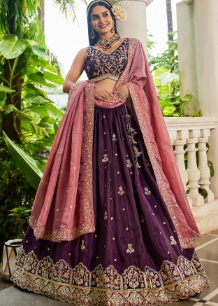 Purple Embroidered Tissue Lehenga Choli Set