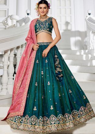Dual Tone Teal Blue Embroidered Lehenga Choli