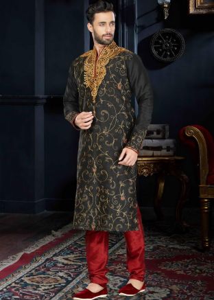 Readymade Black Art Silk Embroidered Kurta Churidar Set