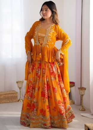 Yellow Floral Printed Jacket Style Lehenga Choli Set