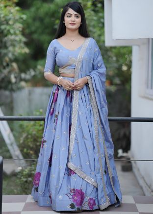 Blue Embroidered Chiffon Lehenga Choli Set