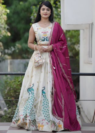 Off White Embroidered Cotton Lehenga Choli