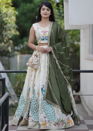 Off White Embroidered Lehenga Choli In Cotton
