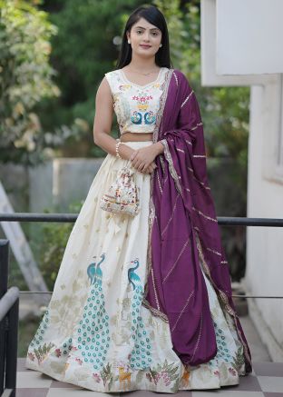 Off White Embroidered Lehenga Choli In Cotton