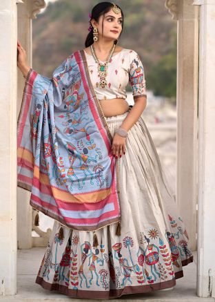 Cream printed Art Silk Lehenga Choli Set