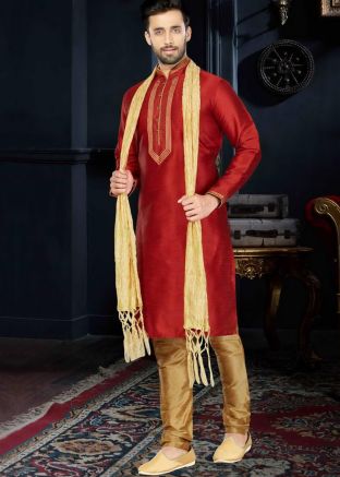 Readymade Red Art Silk Kurta Churidar Set