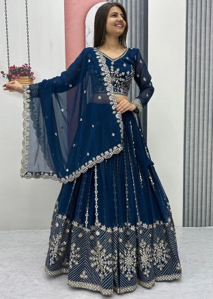 Teal Blue Embroidered Readymade Lehenga Choli