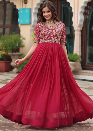 Pink Embroidered Readymade Georgette Gown