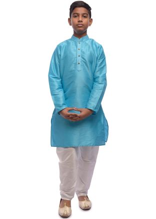 Kids Readymade Blue Kurta Pajama In Dupion Silk