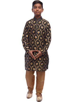 Black Printed Readymade Kurta Pajama For Men
