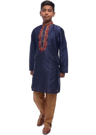 Kids Navy Blue Embroidered Readymade Kurta Pajama