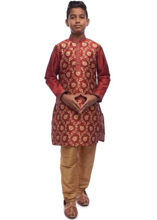 Red Printed Readymade Kurta Pajama For Men