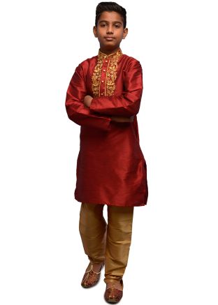 Red Embroidered Kids Readymade Kurta Pajama