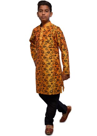 Orange Floral Print Kids Readymade Kurta Pajama