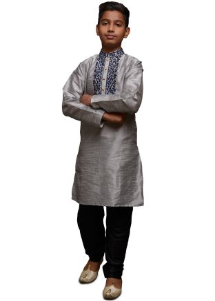 Readymade Grey Kids Embroidered Kurta & Pajama