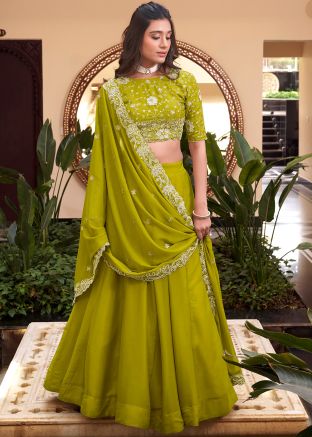 Parrot Green Embroidered Lehenga Choli In Georgette