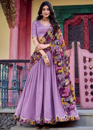 Purple Embroidered Lehenga Choli In Art Silk