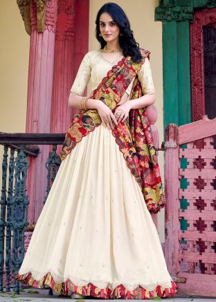 White Embroidered Lehenga Choli With Printed Dupatta