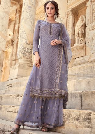 Purple Embroidered Pakistani Palazzo Suit