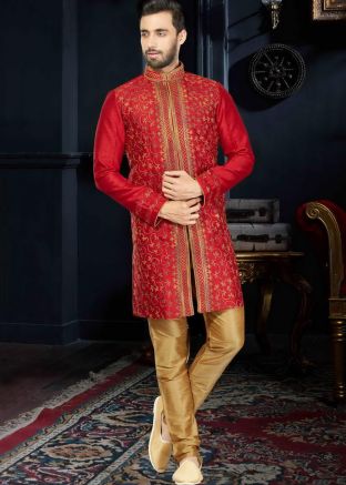 Readymade Red Art Silk Kurta Churidar Set