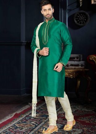 Readymade Green Art Silk Kurta Churidar Set