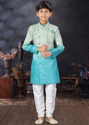 Blue & Grey Shaded Kids Sherwani In Art Silk