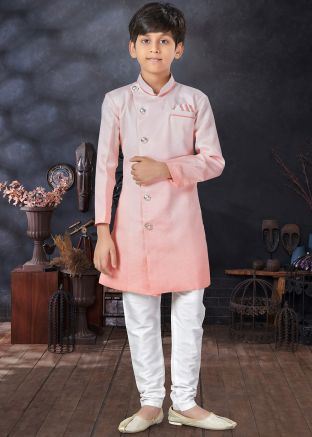 Pink Shaded Art Silk Kids Sherwani Set