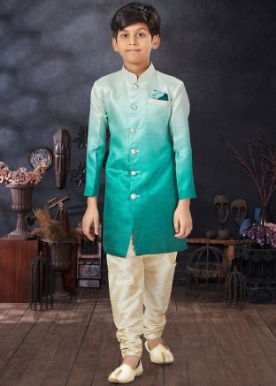 Turquoise Shaded Kids Sherwani In Art Silk