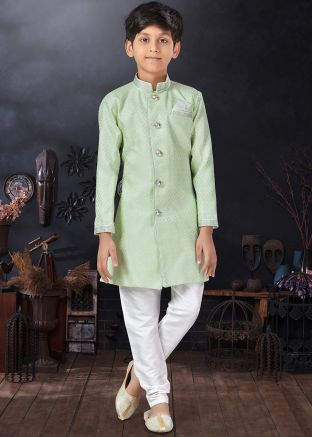 Pastel Green Shaded Jacquard Kids Sherwani