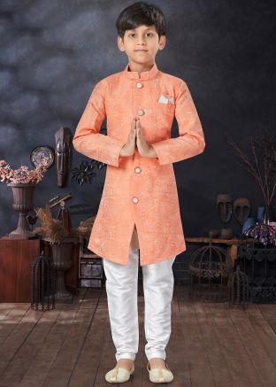 Peach Jacquard Kids Sherwani In Woven work