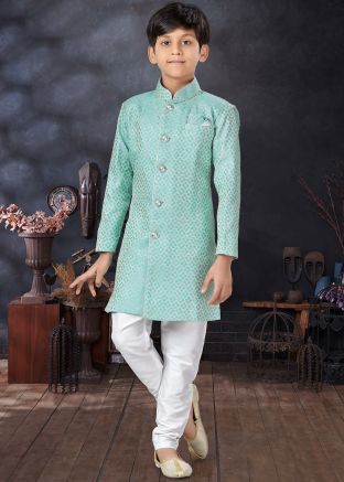 Sea Green Woven Kids Sherwani In Art Silk