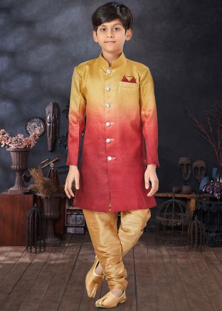 Red & Golden Shaded Kids Sherwani in Art Silk