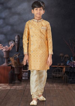 Yellow Woven Jacquard Kids Sherwani Set