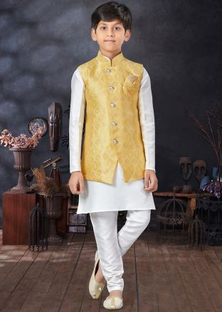 White Plain Nehru Jacket Kids Sherwani In Dupion Silk