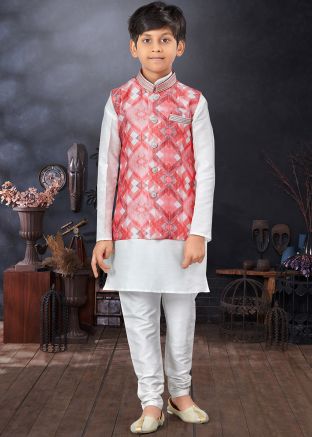 White Plain Dupion Silk Nehru Jacket Kids Sherwani 
