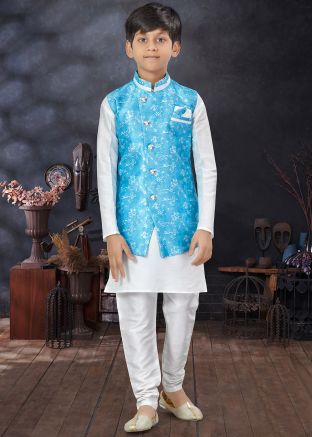 White Plain Dupion Silk Kids Sherwani In Nehru Jacket