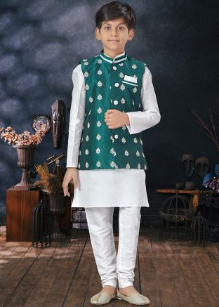 White Plain Nehru Jacket Kids Sherwani In Dupion Silk
