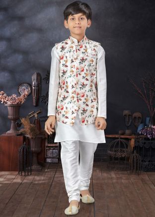 White Plain Dupion Silk Nehru Jacket Kids Sherwani Set