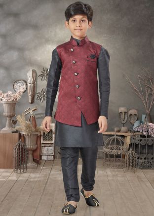 Black Plain Dupion Silk Kids Sherwani In Nehru Jacket