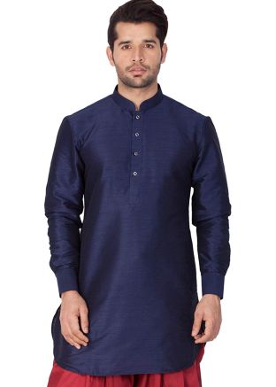 Navy Blue Readymade Dupion Silk Short Kurta For Men