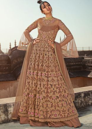 Beige Embroidered Bell Sleeved Kurti Style Lehenga