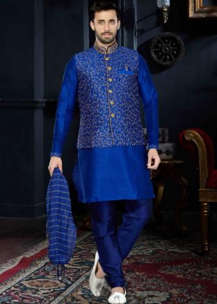 Kurta Pajama for Mens: Buy Readymade Blue Art Silk Kurta Pajama Set With Nehru Jacket
