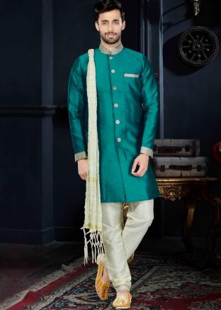 Readymade Teal Green Art Silk Sherwani