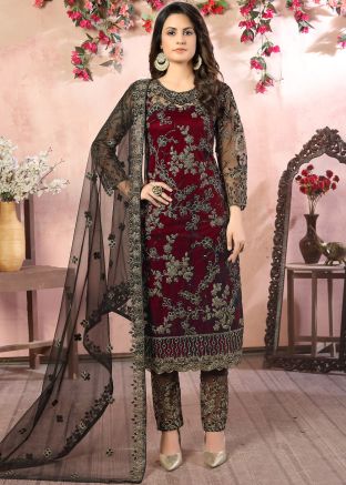 Maroon Embroidered Net Straight Cut Pant Salwar Suit