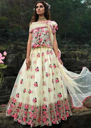 Cream Floral Embroidered Off Shoulder Lehenga Choli