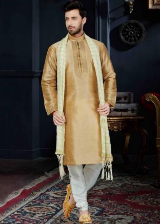 Readymade Golden Art Silk Kurta Churidar Set