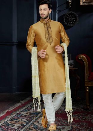 Readymade Golden Art Silk Kurta Churidar Set